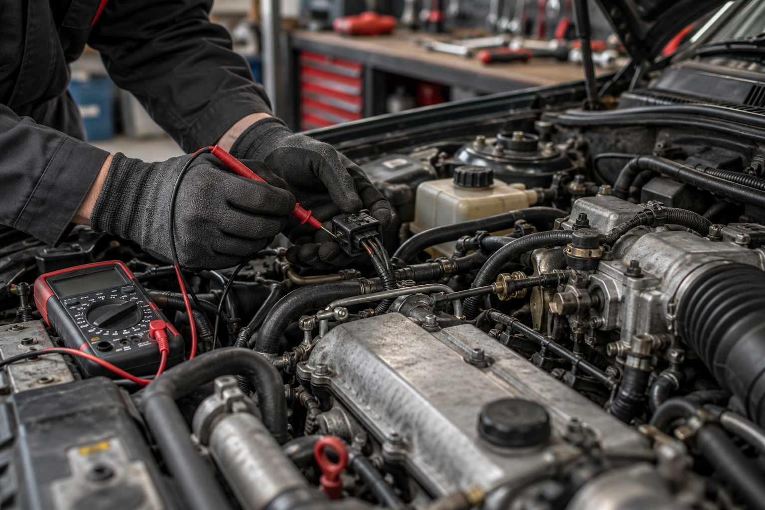 Illustration d’un contrôle électrique automobile au multimètre dans un compartiment moteur